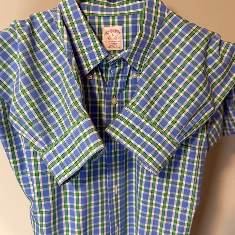 Brooks Brothers Mens Regular Fit Non-Iron Cotton Plaid Button Down Shirt Blue L - Picture 7 of 9